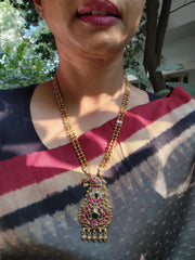 Gold polish kundan, ruby & emerald pendant with gold beads chain-Silver Neckpiece-CI-House of Taamara