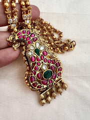 Gold polish kundan, ruby & emerald pendant with gold beads chain-Silver Neckpiece-CI-House of Taamara