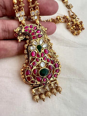 Gold polish kundan, ruby & emerald pendant with gold beads chain-Silver Neckpiece-CI-House of Taamara