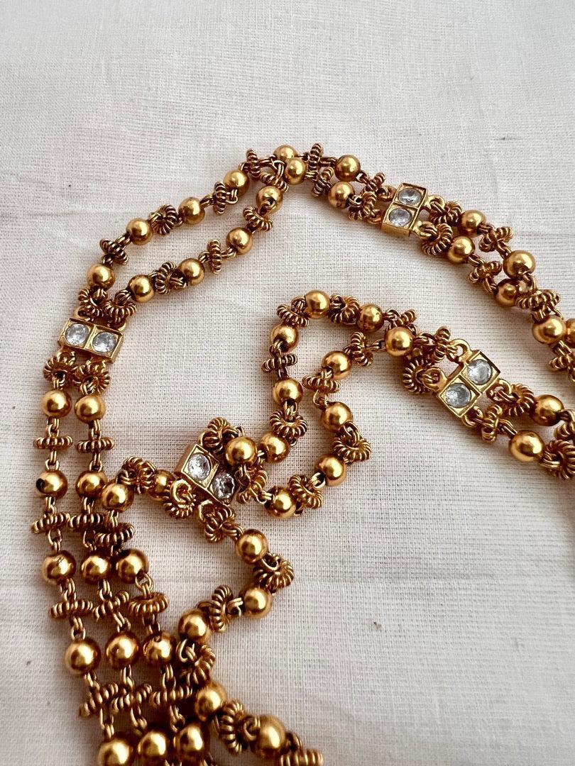 Gold polish kundan, ruby & emerald pendant with gold beads chain-Silver Neckpiece-CI-House of Taamara