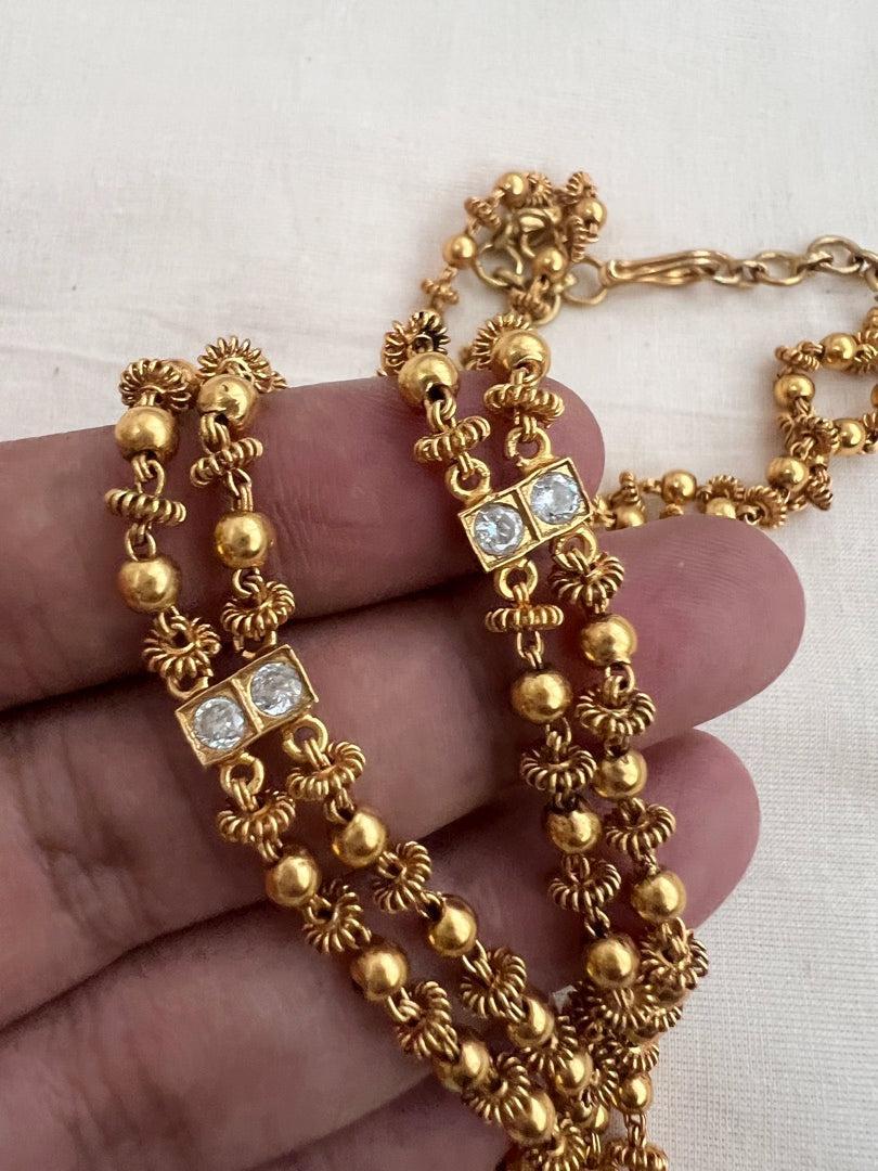 Gold polish kundan, ruby & emerald pendant with gold beads chain-Silver Neckpiece-CI-House of Taamara