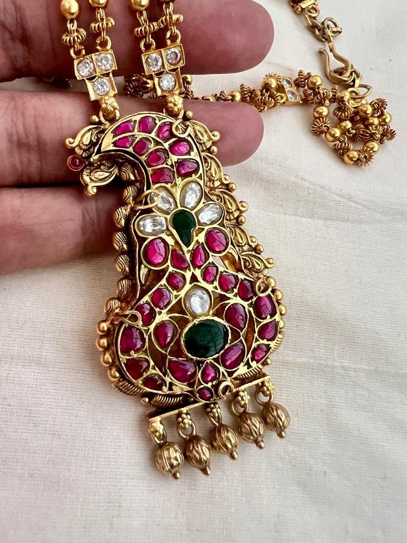 Gold polish kundan, ruby & emerald pendant with gold beads chain-Silver Neckpiece-CI-House of Taamara