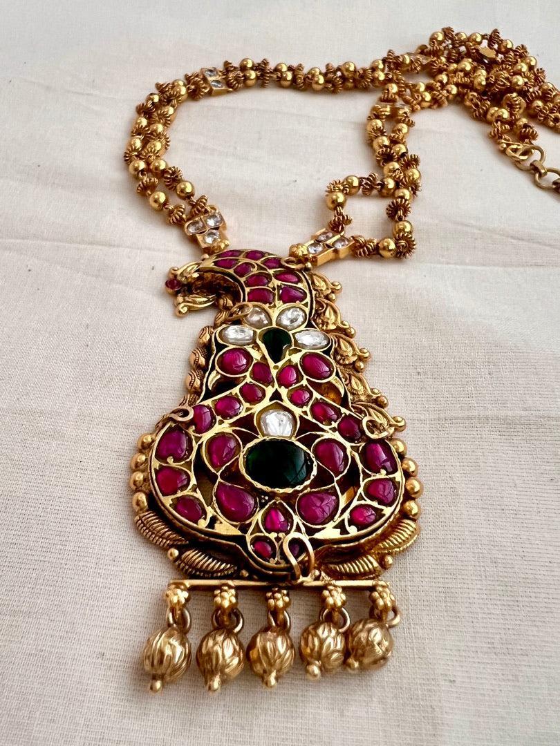 Gold polish kundan, ruby & emerald pendant with gold beads chain-Silver Neckpiece-CI-House of Taamara