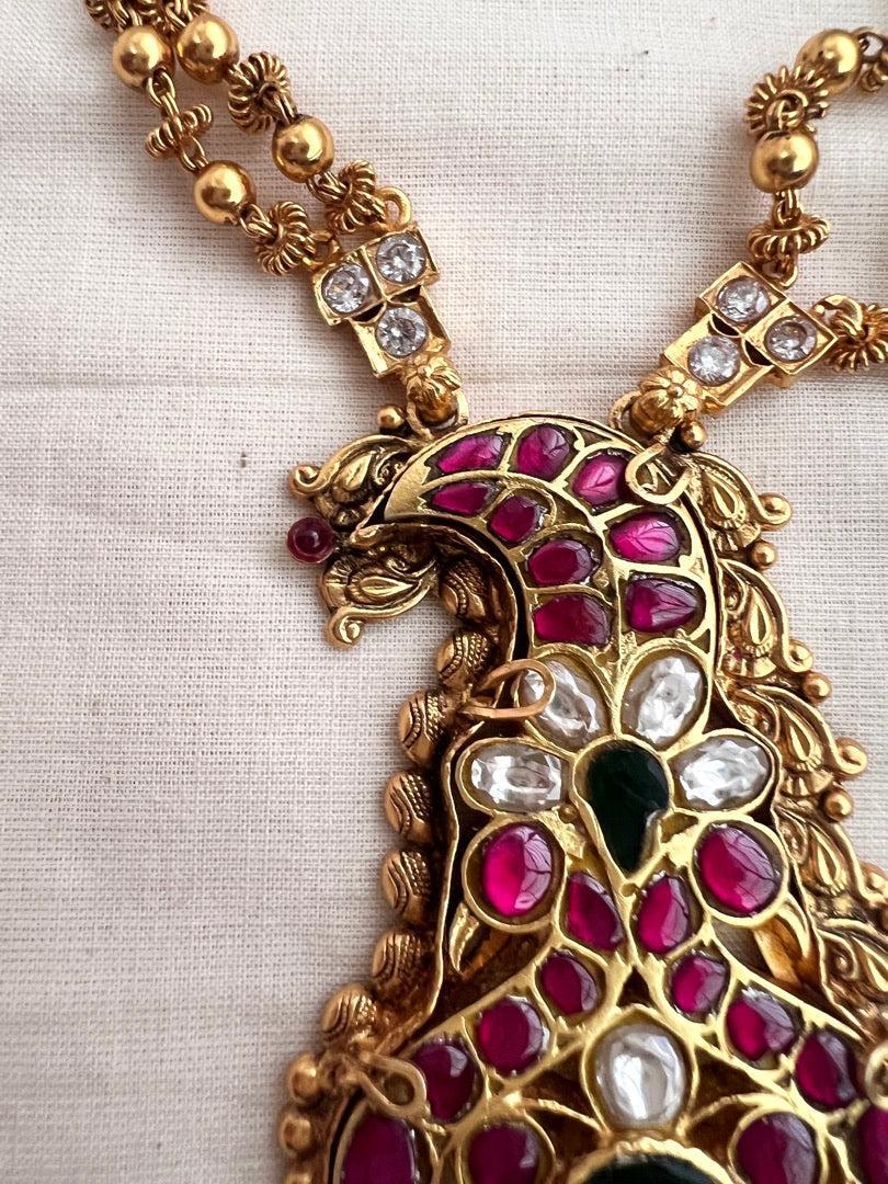 Gold polish kundan, ruby & emerald pendant with gold beads chain-Silver Neckpiece-CI-House of Taamara