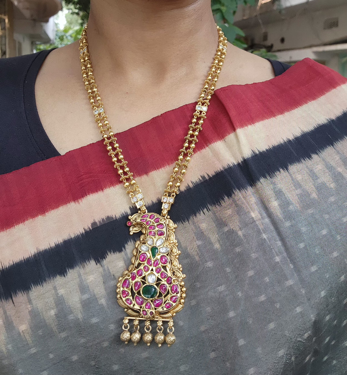 Gold polish kundan, ruby & emerald pendant with gold beads chain-Silver Neckpiece-CI-House of Taamara