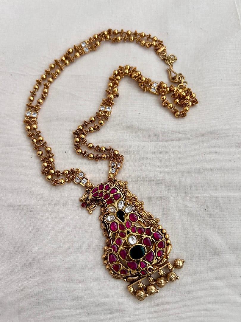 Gold polish kundan, ruby & emerald pendant with gold beads chain-Silver Neckpiece-CI-House of Taamara