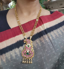 Gold polish kundan, ruby & emerald pendant with gold beads chain-Silver Neckpiece-CI-House of Taamara