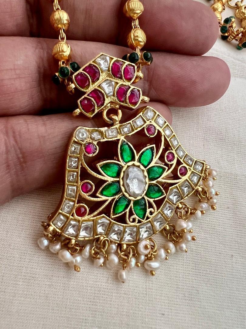 Gold polish kundan, ruby & emerald pendant with gold beads chain and pearls-Silver Neckpiece-CI-House of Taamara