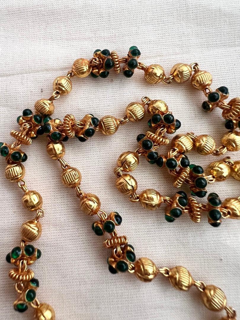 Gold polish kundan, ruby & emerald pendant with gold beads chain and pearls-Silver Neckpiece-CI-House of Taamara