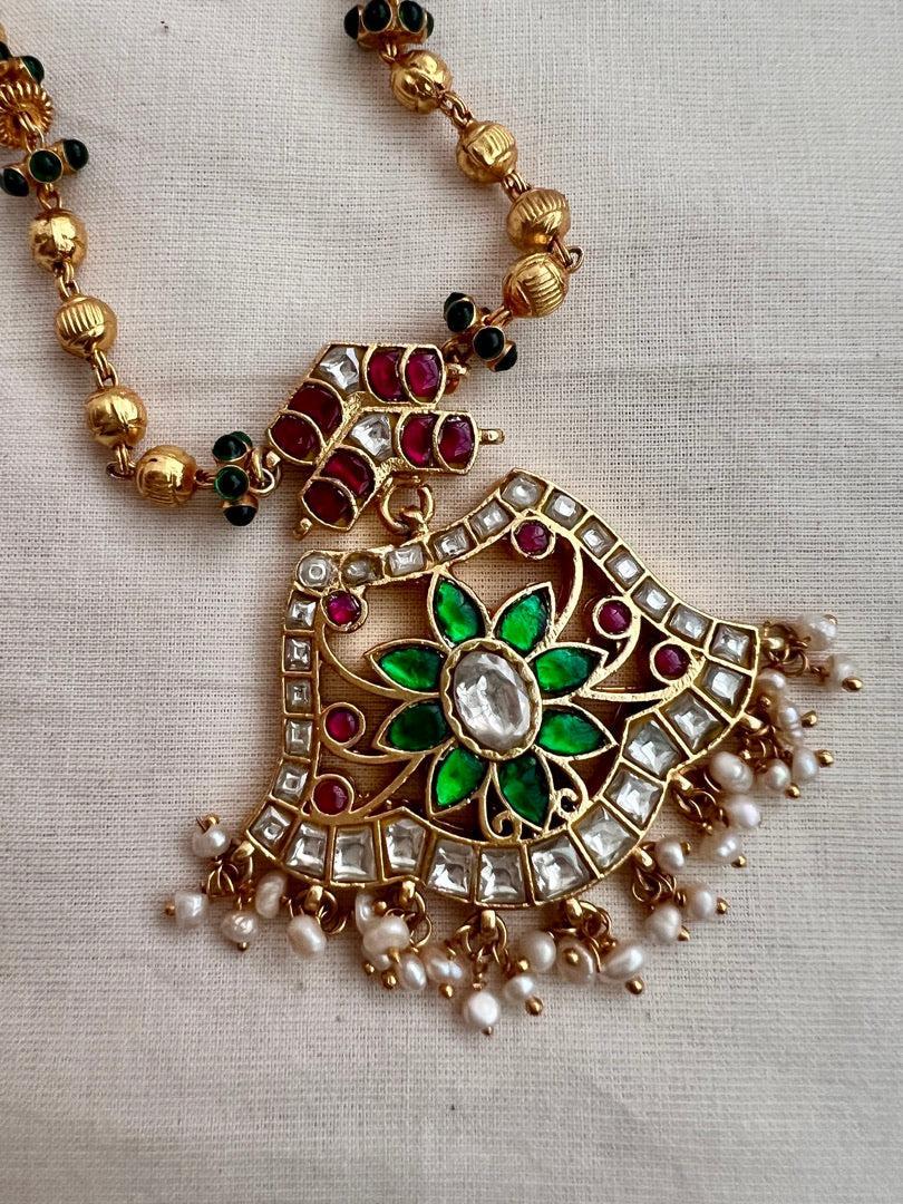 Gold polish kundan, ruby & emerald pendant with gold beads chain and pearls-Silver Neckpiece-CI-House of Taamara