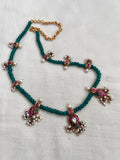 Gold polish kundan, ruby & emerald pendant with green onyx beads chain-Silver Neckpiece-CI-House of Taamara