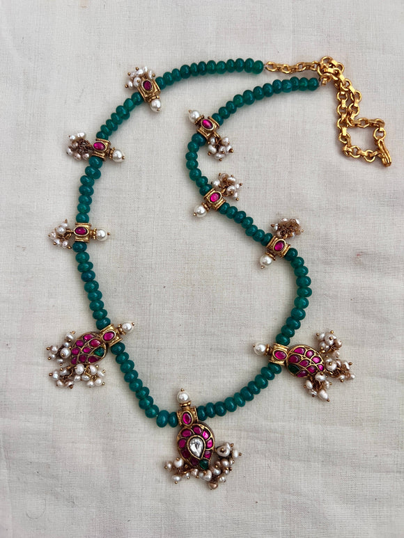 Gold polish kundan, ruby & emerald pendant with green onyx beads chain-Silver Neckpiece-CI-House of Taamara