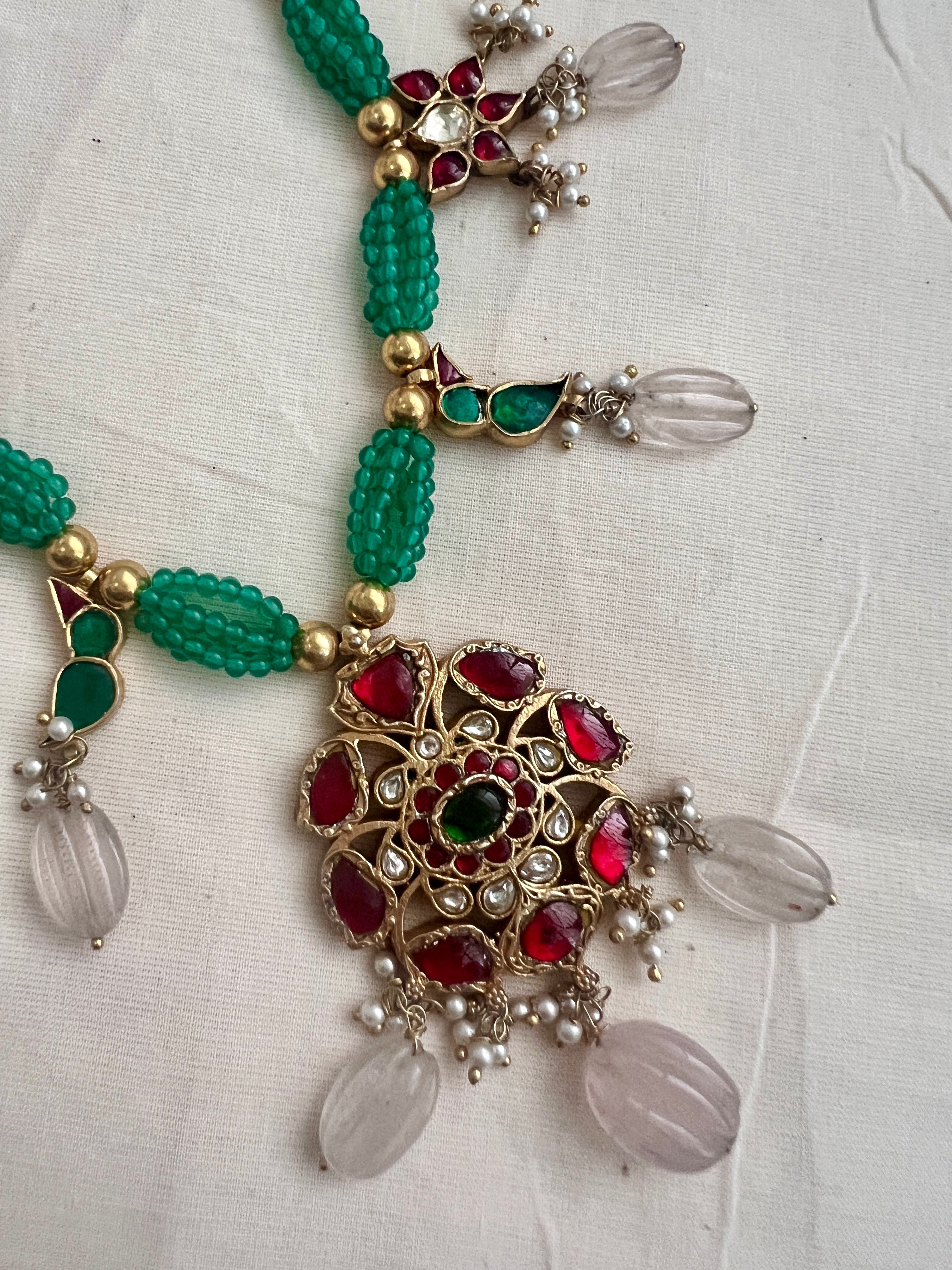 Gold polish kundan, ruby & emerald pendant with green onyx beads necklace-Silver Neckpiece-CI-House of Taamara