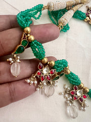 Gold polish kundan, ruby & emerald pendant with green onyx beads necklace-Silver Neckpiece-CI-House of Taamara