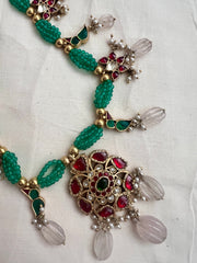 Gold polish kundan, ruby & emerald pendant with green onyx beads necklace-Silver Neckpiece-CI-House of Taamara