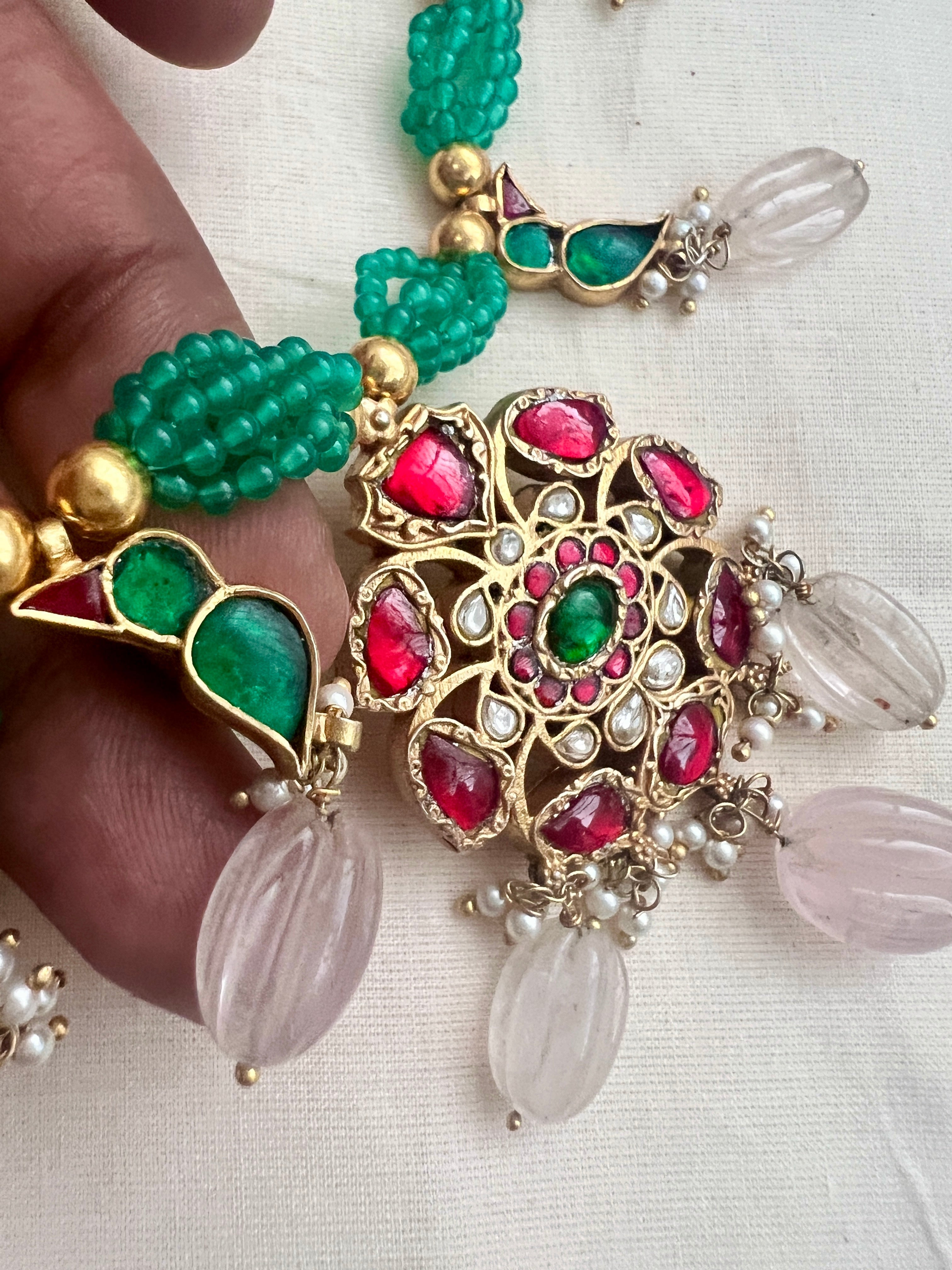 Gold polish kundan, ruby & emerald pendant with green onyx beads necklace-Silver Neckpiece-CI-House of Taamara