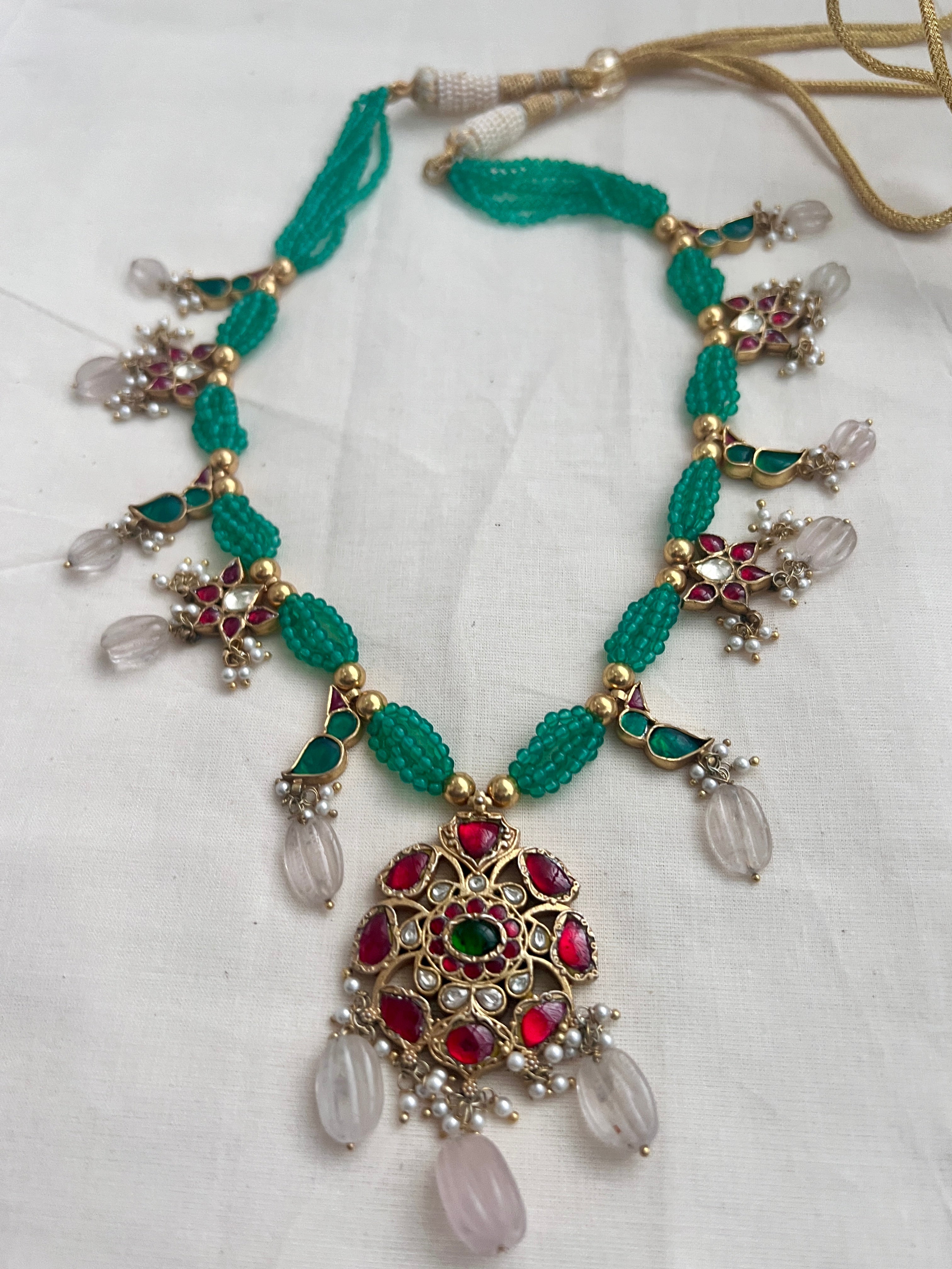 Gold polish kundan, ruby & emerald pendant with green onyx beads necklace-Silver Neckpiece-CI-House of Taamara