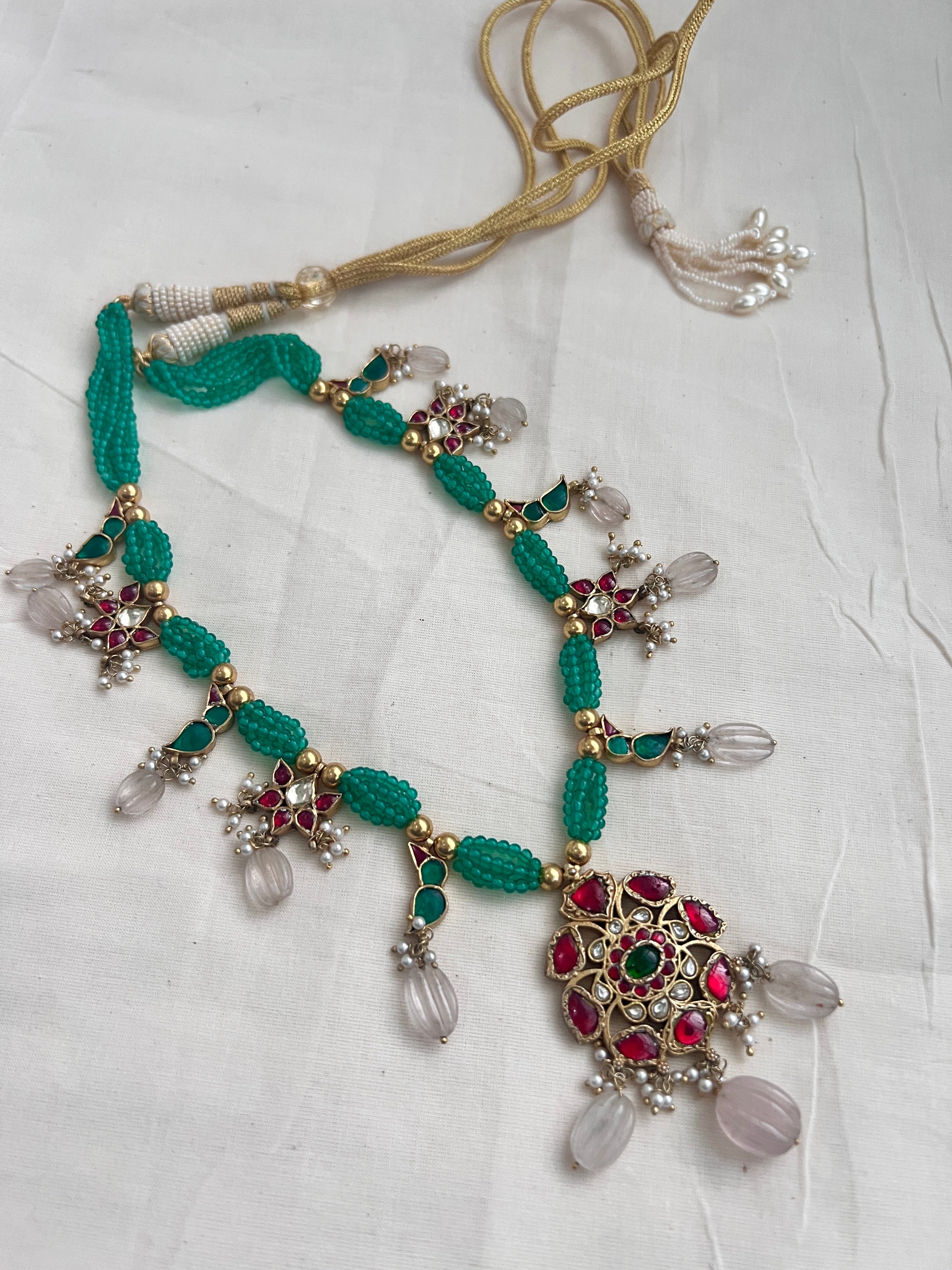 Gold polish kundan, ruby & emerald pendant with green onyx beads necklace-Silver Neckpiece-CI-House of Taamara