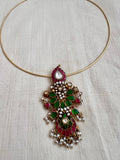 Gold polish kundan, ruby & emerald pendant with hasli chain-Silver Neckpiece-CI-House of Taamara