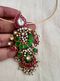 Gold polish kundan, ruby & emerald pendant with hasli chain-Silver Neckpiece-CI-House of Taamara
