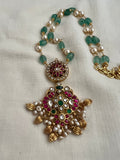 Gold polish kundan, ruby & emerald pendant with jade and pearl beads chain-Silver Neckpiece-CI-House of Taamara