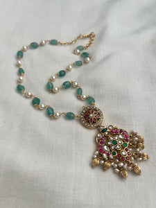 Gold polish kundan, ruby & emerald pendant with jade and pearl beads chain-Silver Neckpiece-CI-House of Taamara