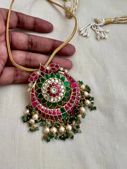 Gold polish kundan, ruby & emerald pendant with pearls-Silver Neckpiece-CI-House of Taamara