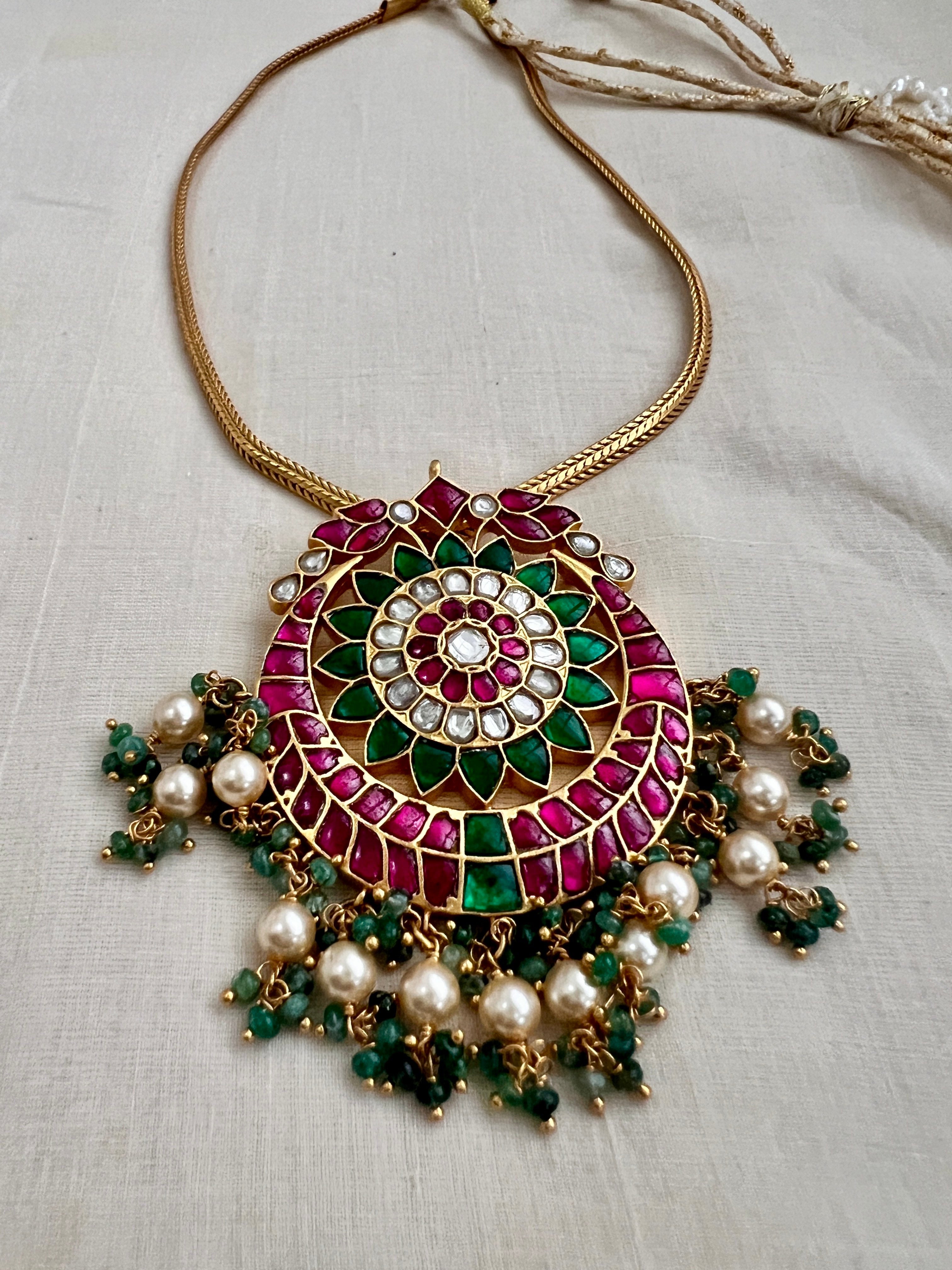 Gold polish kundan, ruby & emerald pendant with pearls-Silver Neckpiece-CI-House of Taamara