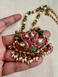 Gold polish kundan, ruby & emerald pendant with pearls and pumpkin jade beads chain-Silver Neckpiece-CI-House of Taamara