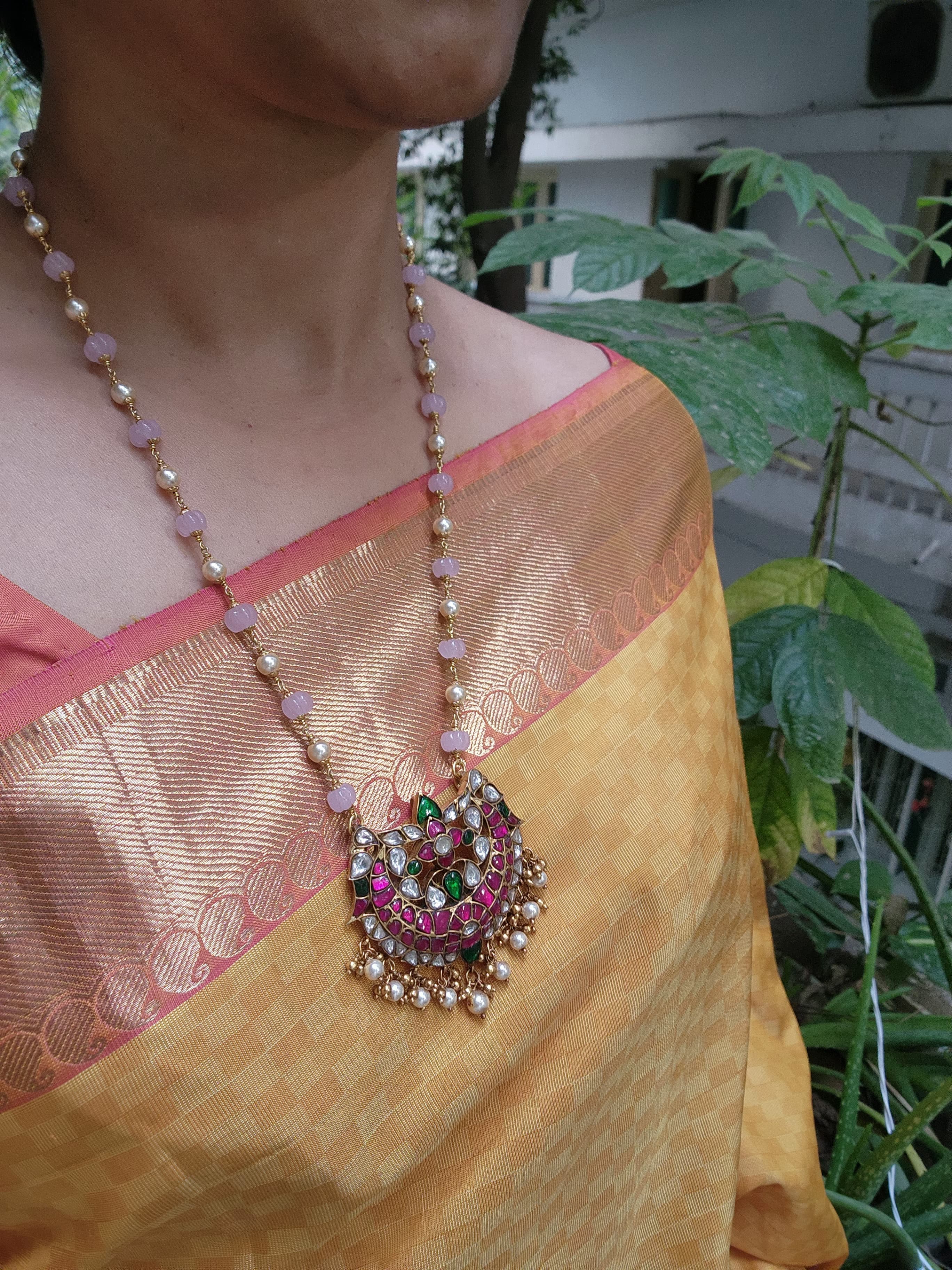 Gold polish kundan, ruby & emerald pendant with pearls and rose quartz beads chain-Silver Neckpiece-CI-House of Taamara