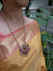 Gold polish kundan, ruby & emerald pendant with pearls and rose quartz beads chain-Silver Neckpiece-CI-House of Taamara