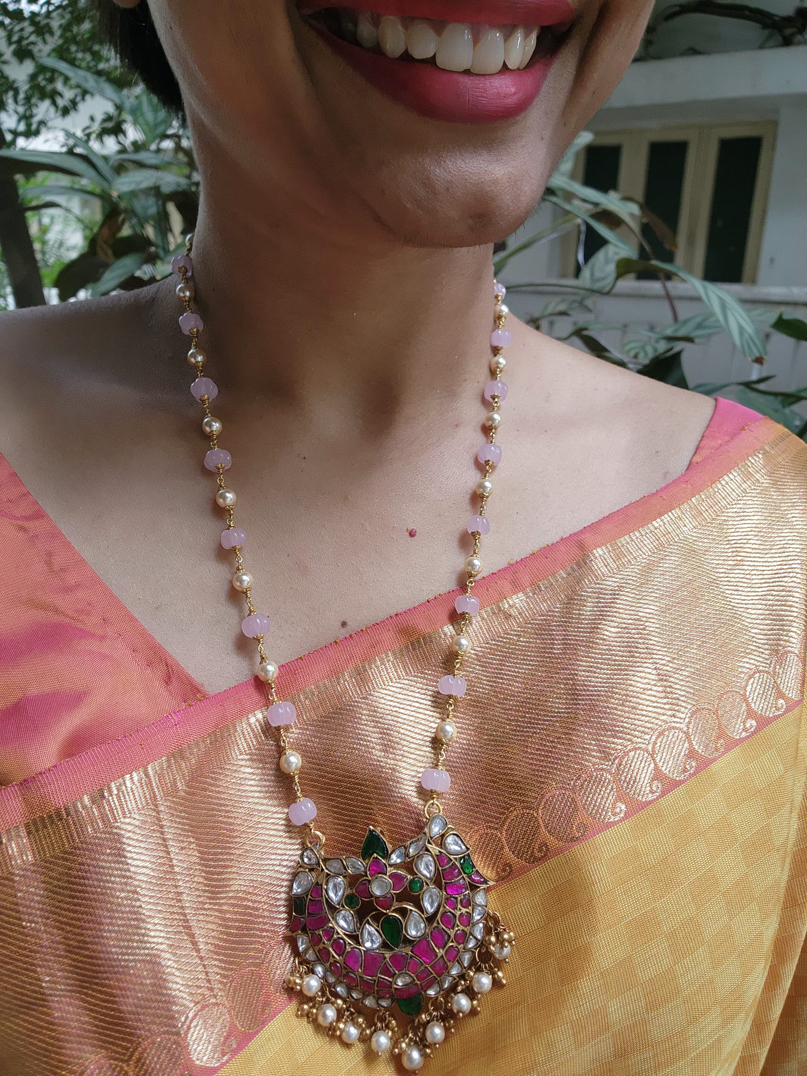 Gold polish kundan, ruby & emerald pendant with pearls and rose quartz beads chain-Silver Neckpiece-CI-House of Taamara