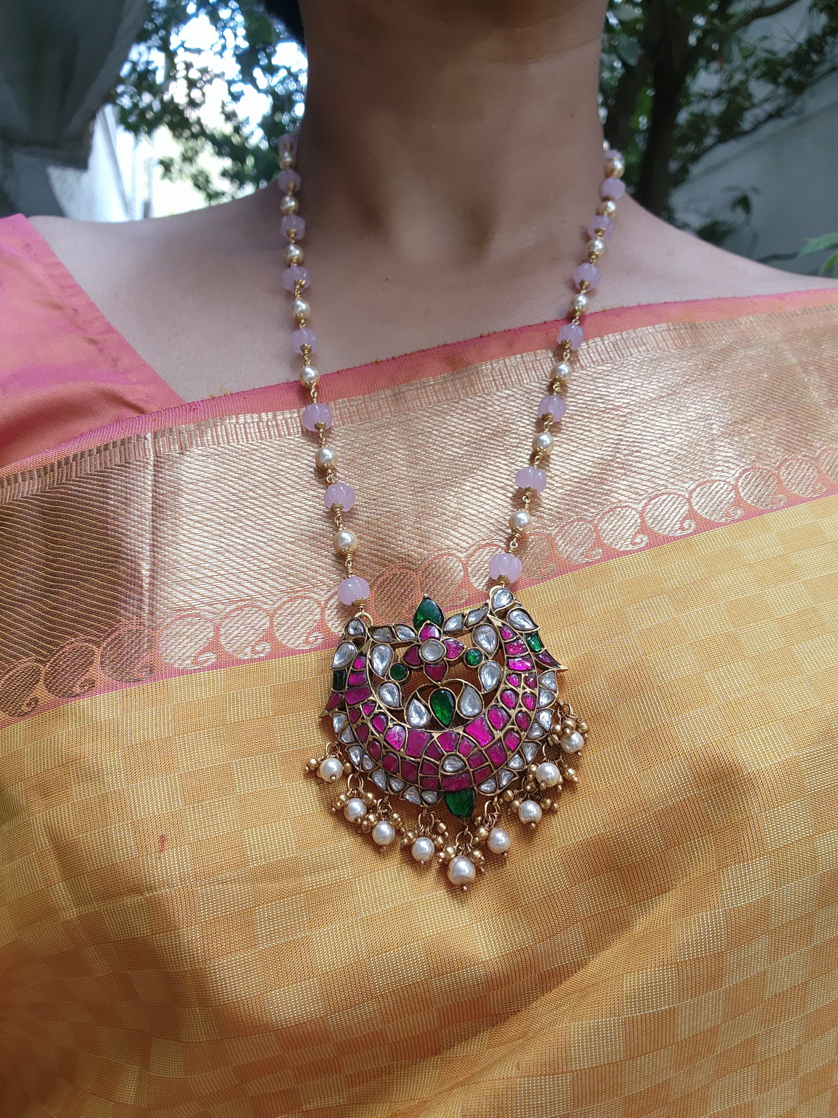 Gold polish kundan, ruby & emerald pendant with pearls and rose quartz beads chain-Silver Neckpiece-CI-House of Taamara