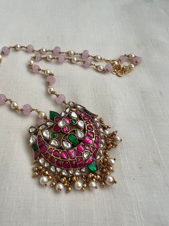 Gold polish kundan, ruby & emerald pendant with pearls and rose quartz beads chain-Silver Neckpiece-CI-House of Taamara