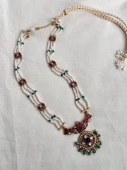 Gold polish kundan, ruby & emerald pendant with pearls chain-Silver Neckpiece-CI-House of Taamara