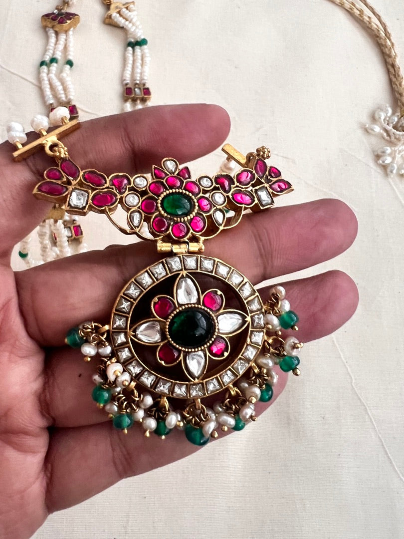 Gold polish kundan, ruby & emerald pendant with pearls chain-Silver Neckpiece-CI-House of Taamara