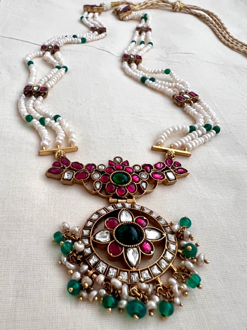 Gold polish kundan, ruby & emerald pendant with pearls chain-Silver Neckpiece-CI-House of Taamara