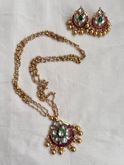 Gold polish kundan, ruby & emerald pendant with pearls & gold beads chain, SET-Silver Neckpiece-CI-House of Taamara