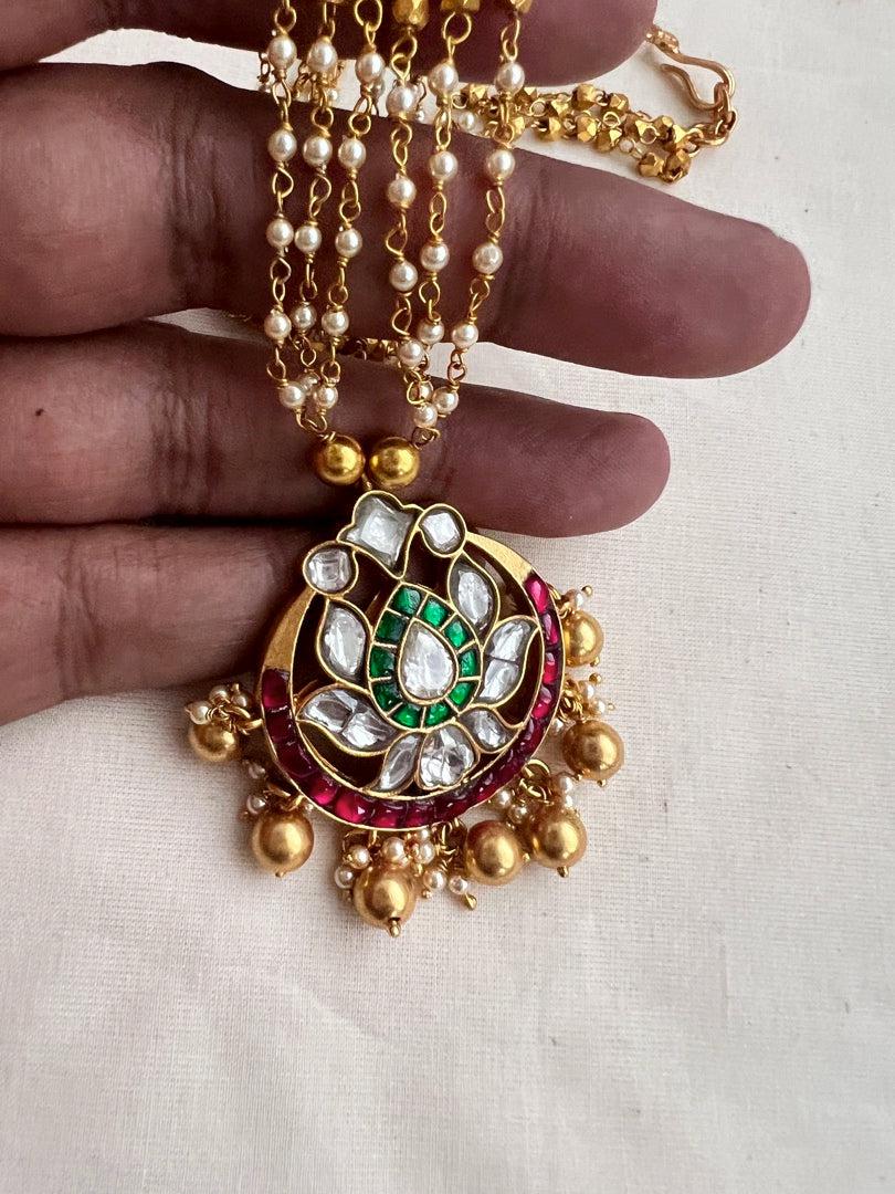 Gold polish kundan, ruby & emerald pendant with pearls & gold beads chain, SET-Silver Neckpiece-CI-House of Taamara