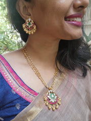 Gold polish kundan, ruby & emerald pendant with pearls & gold beads chain, SET-Silver Neckpiece-CI-House of Taamara