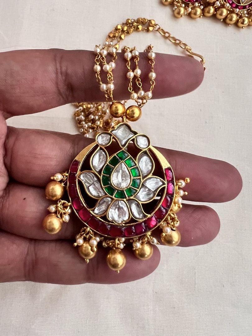 Gold polish kundan, ruby & emerald pendant with pearls & gold beads chain, SET-Silver Neckpiece-CI-House of Taamara