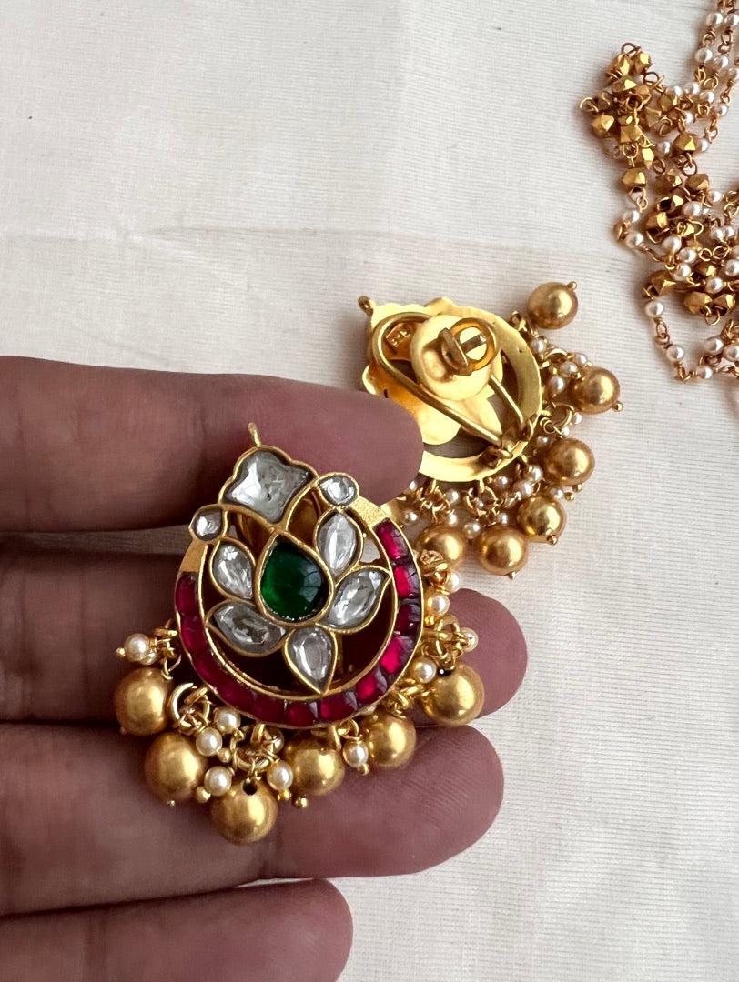 Gold polish kundan, ruby & emerald pendant with pearls & gold beads chain, SET-Silver Neckpiece-CI-House of Taamara