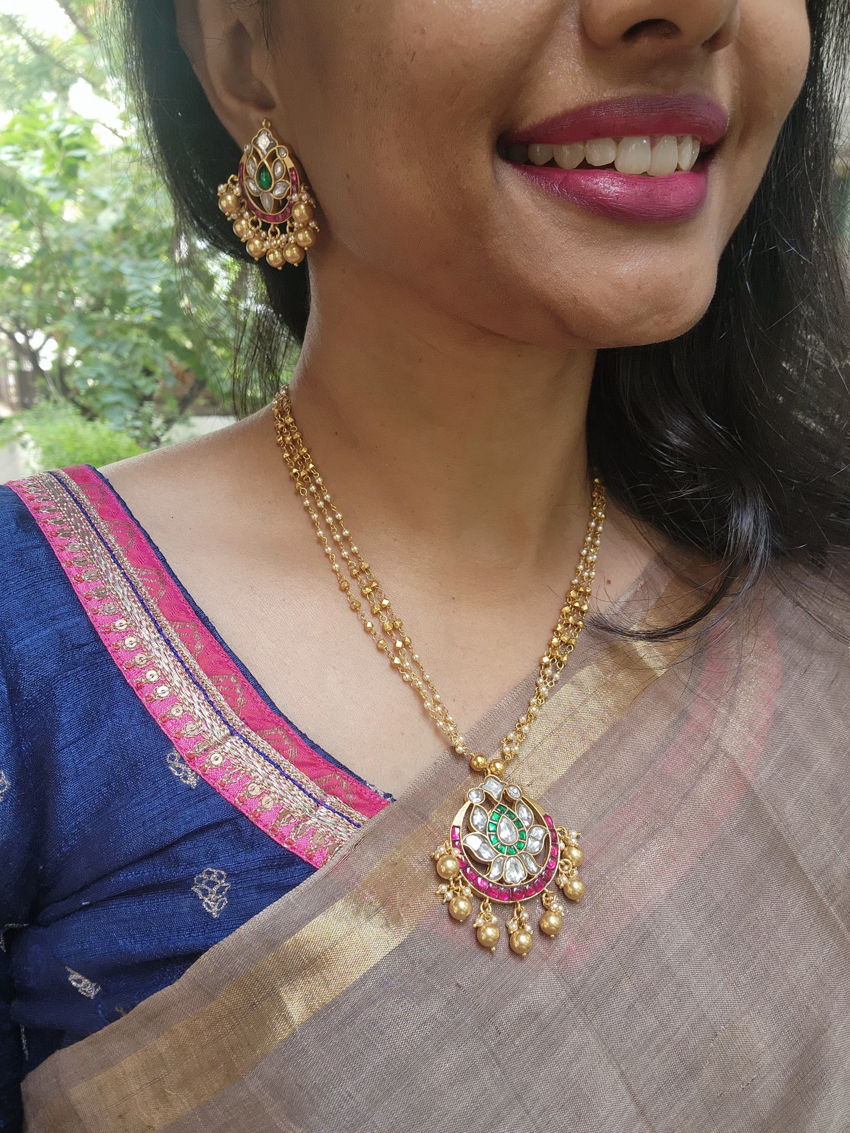 Gold polish kundan, ruby & emerald pendant with pearls & gold beads chain, SET-Silver Neckpiece-CI-House of Taamara