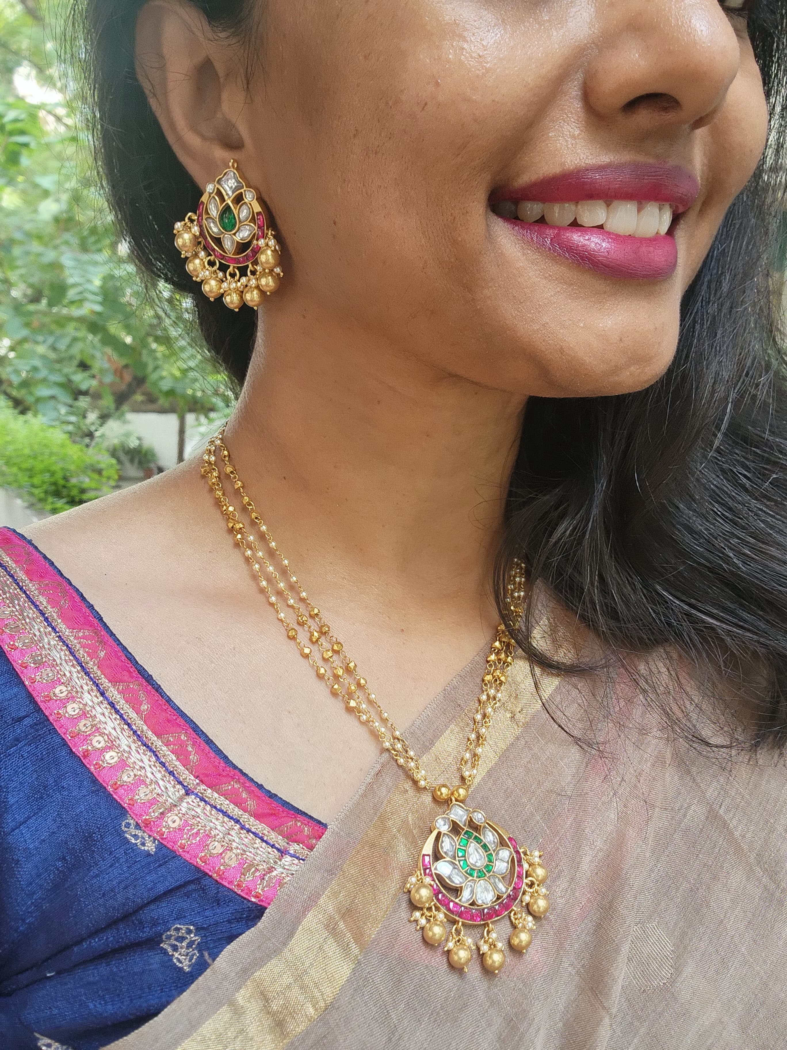 Gold polish kundan, ruby & emerald pendant with pearls & gold beads chain, SET-Silver Neckpiece-CI-House of Taamara