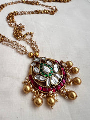 Gold polish kundan, ruby & emerald pendant with pearls & gold beads chain, SET-Silver Neckpiece-CI-House of Taamara