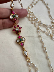 Gold polish kundan, ruby & emerald side mope long pearls chain-Silver Neckpiece-CI-House of Taamara