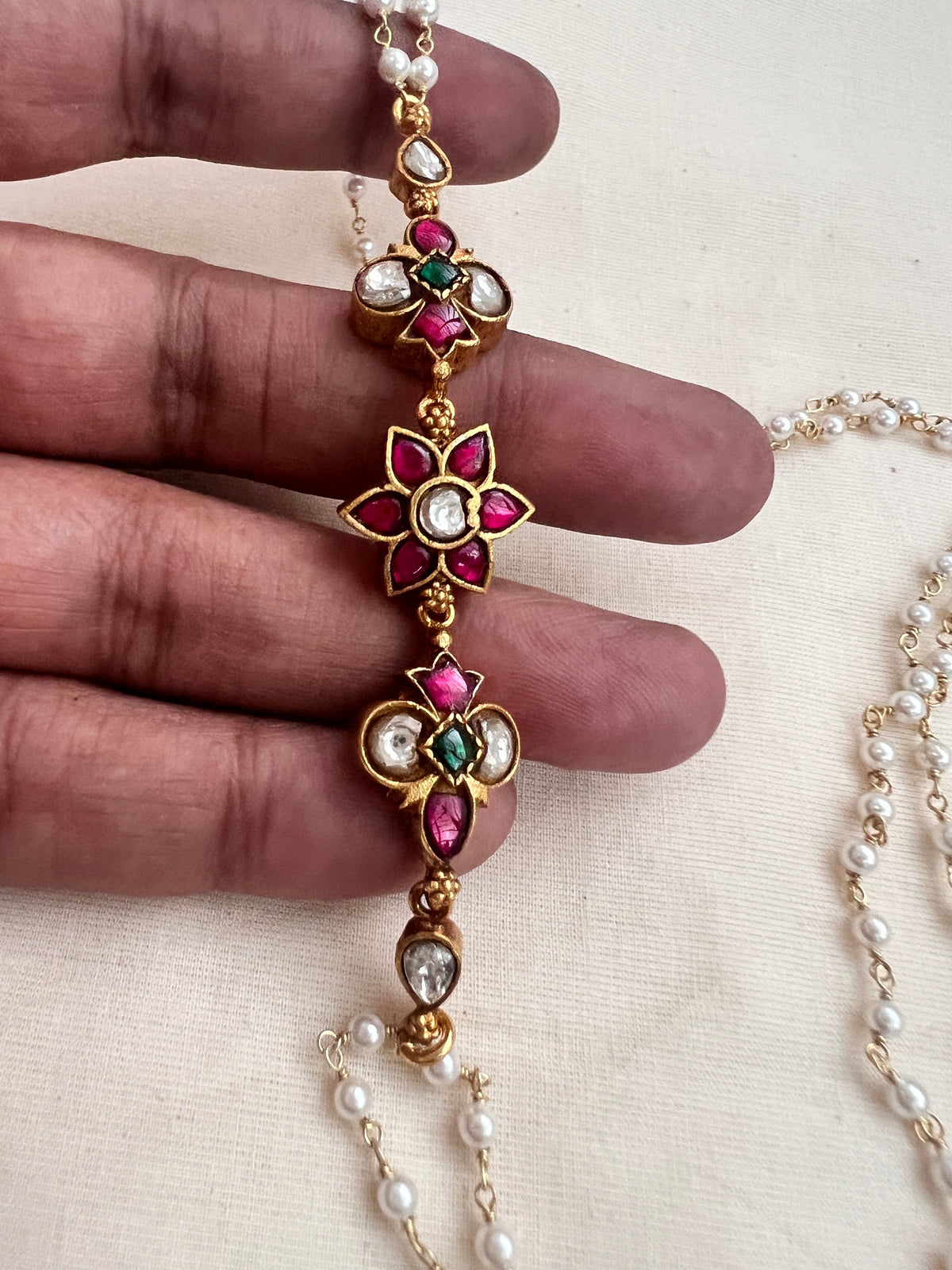 Gold polish kundan, ruby & emerald side mope long pearls chain-Silver Neckpiece-CI-House of Taamara