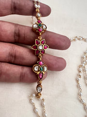 Gold polish kundan, ruby & emerald side mope long pearls chain-Silver Neckpiece-CI-House of Taamara