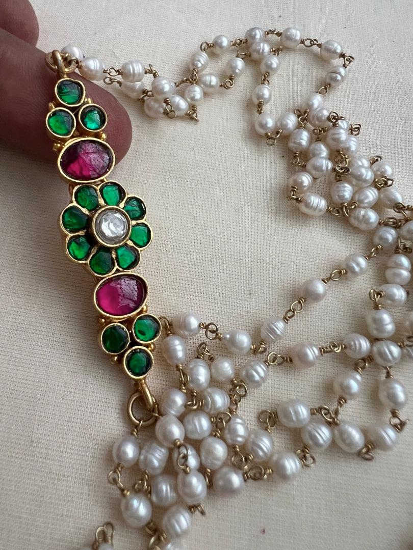 Gold polish kundan, ruby & emerald side mope with long pearl chain-Silver Neckpiece-CI-House of Taamara