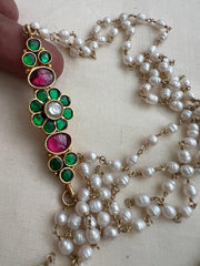 Gold polish kundan, ruby & emerald side mope with long pearl chain-Silver Neckpiece-CI-House of Taamara